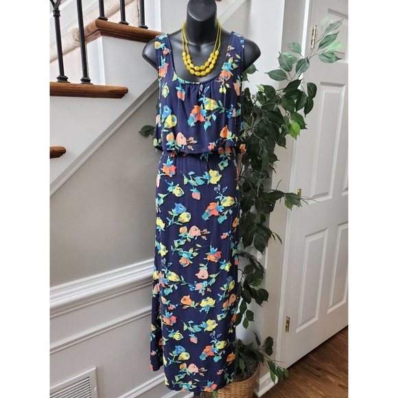 Merona Women's Blue Floral Rayon Scoop Neck Sleeveless Long Maxi Dress Size XL - Picture 1 of 13